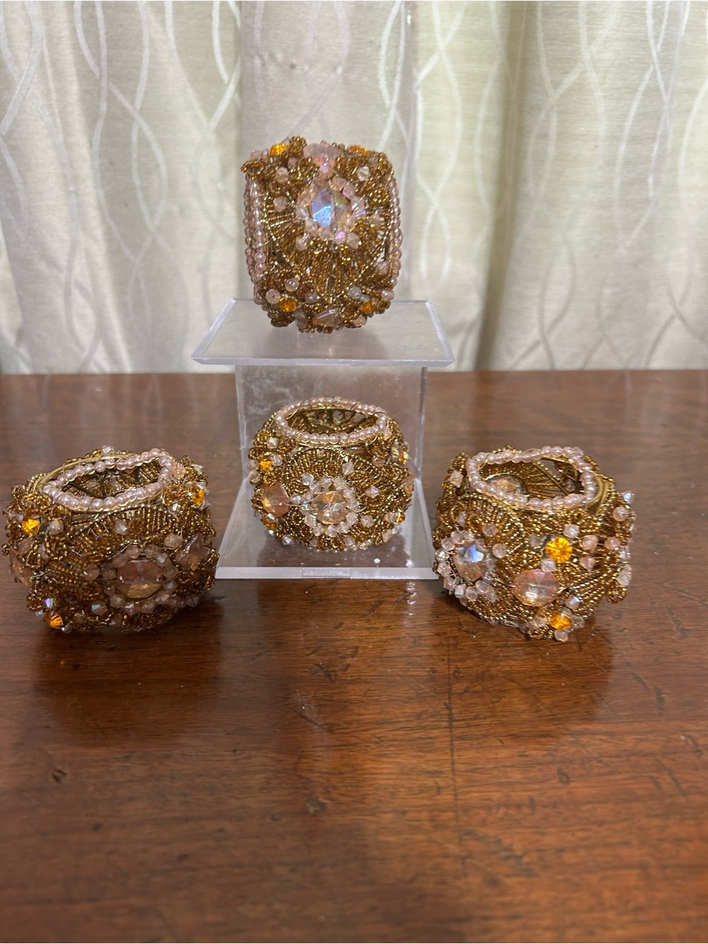 Gold Beaded Floral Napkin Rings - Set of 4